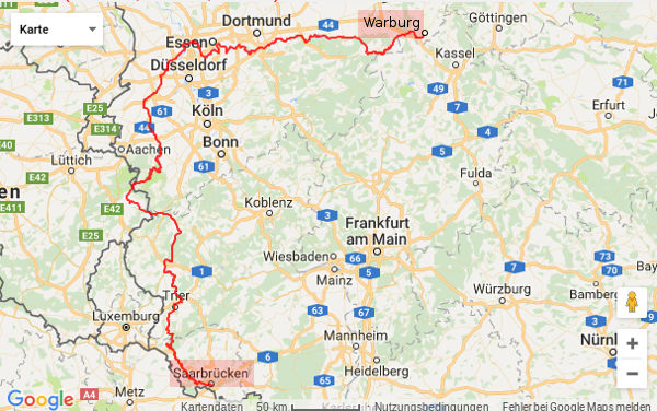 Tourverlauf: Saarbr&uuml;cken-Warburg - © RoRadln - Kurt Schmidt