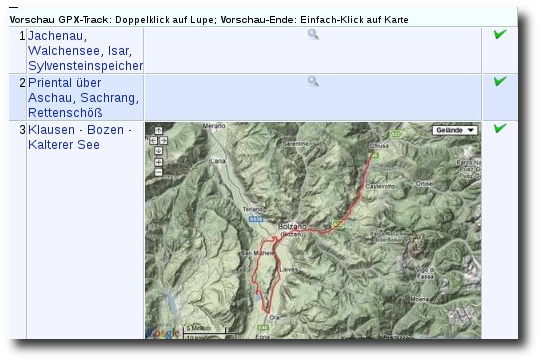 Übersicht GPX-Tracks mit Vorschau Übersicht GPX-Tracks mit Vorschau