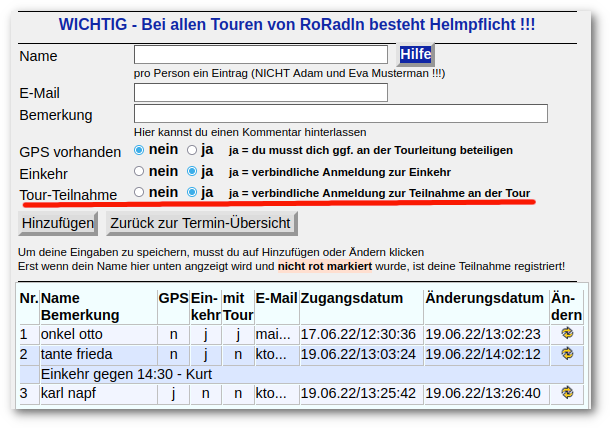 Erweiterte Anmeldung: Tourteilnahme