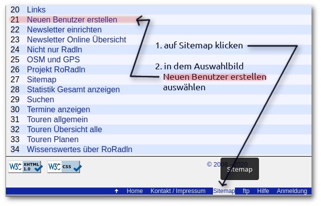 Aufrufen Benutzer-Anmeldung &uuml;ber Sitemap